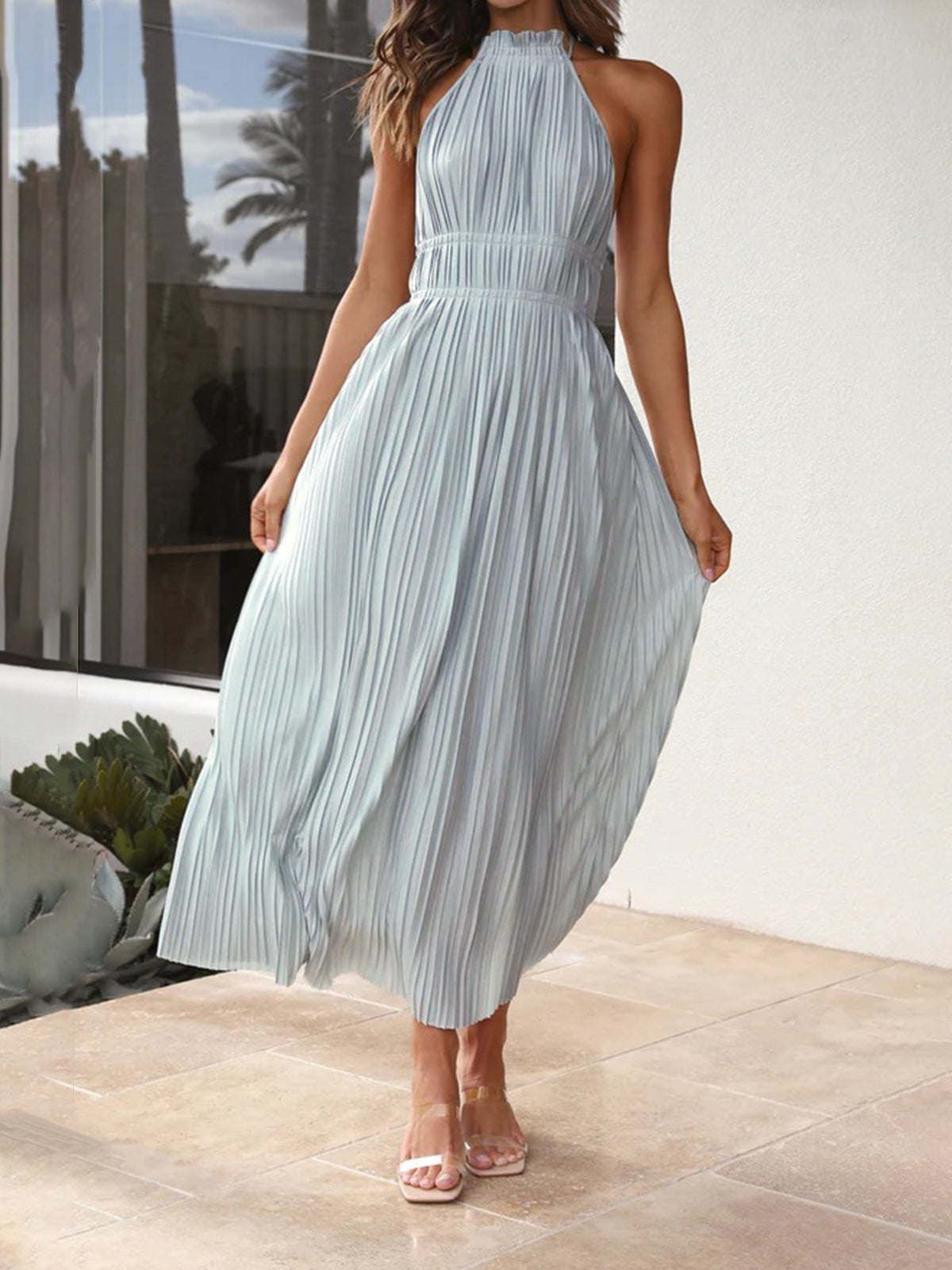 Coastal Breeze Pleat Open Back Long Dress