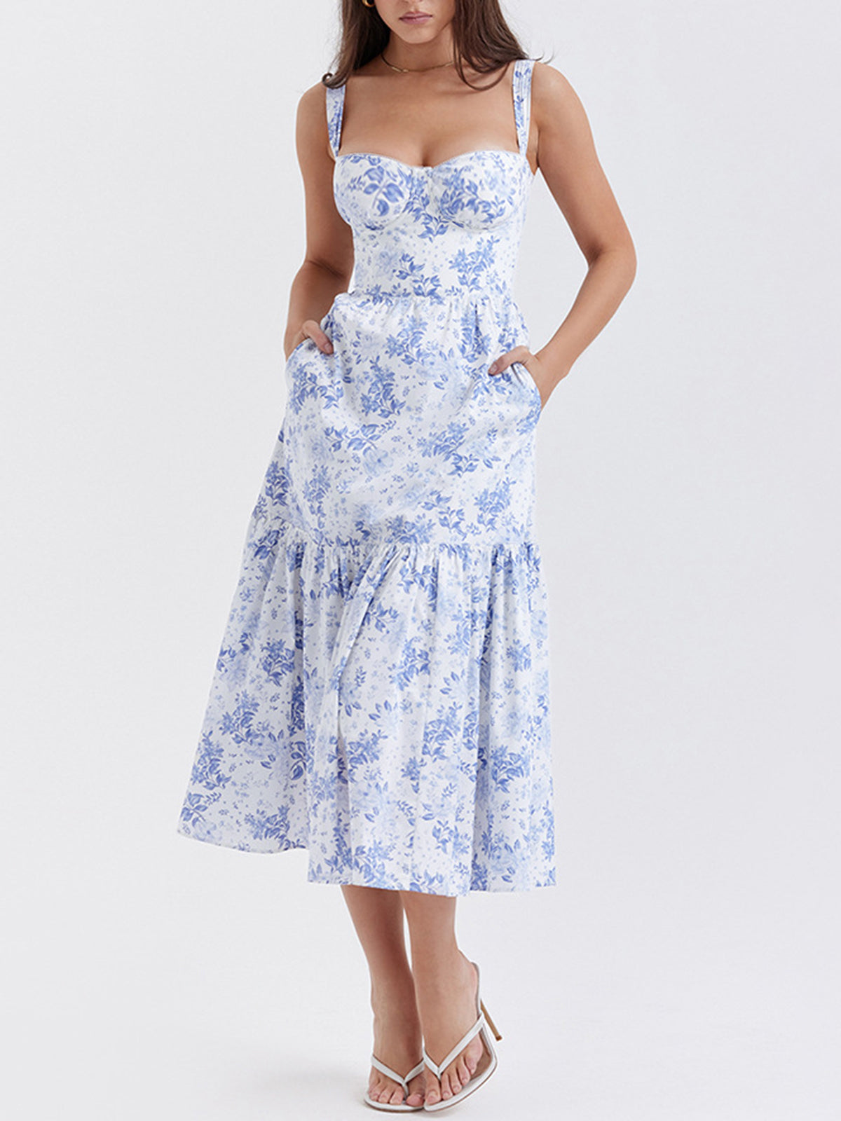 Forget Me Not Floral Pockets Zippered Long Dress