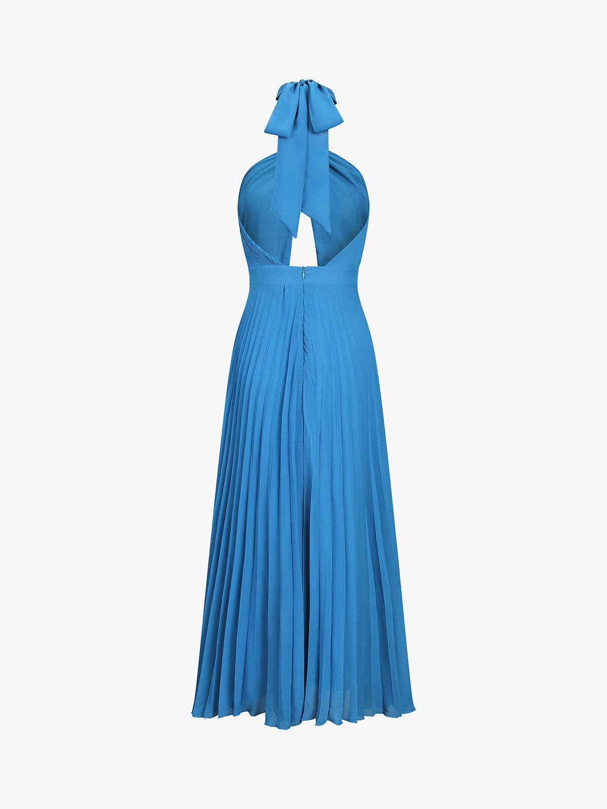 Pleat Halter Open Back Zippered Long Dress