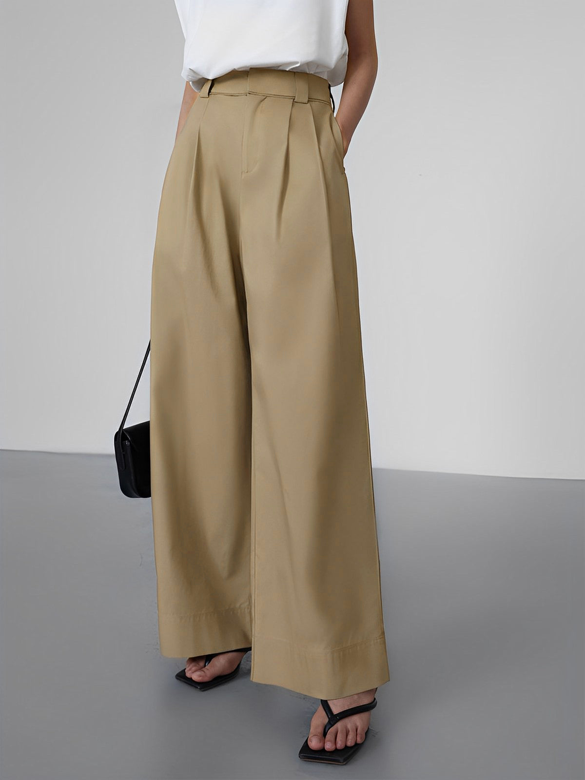 Effortless Full Length Pleated Wide Leg Dress Pants