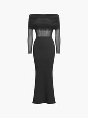 Overfold Off-Shoulder Mesh Long Sleeve Long Dress