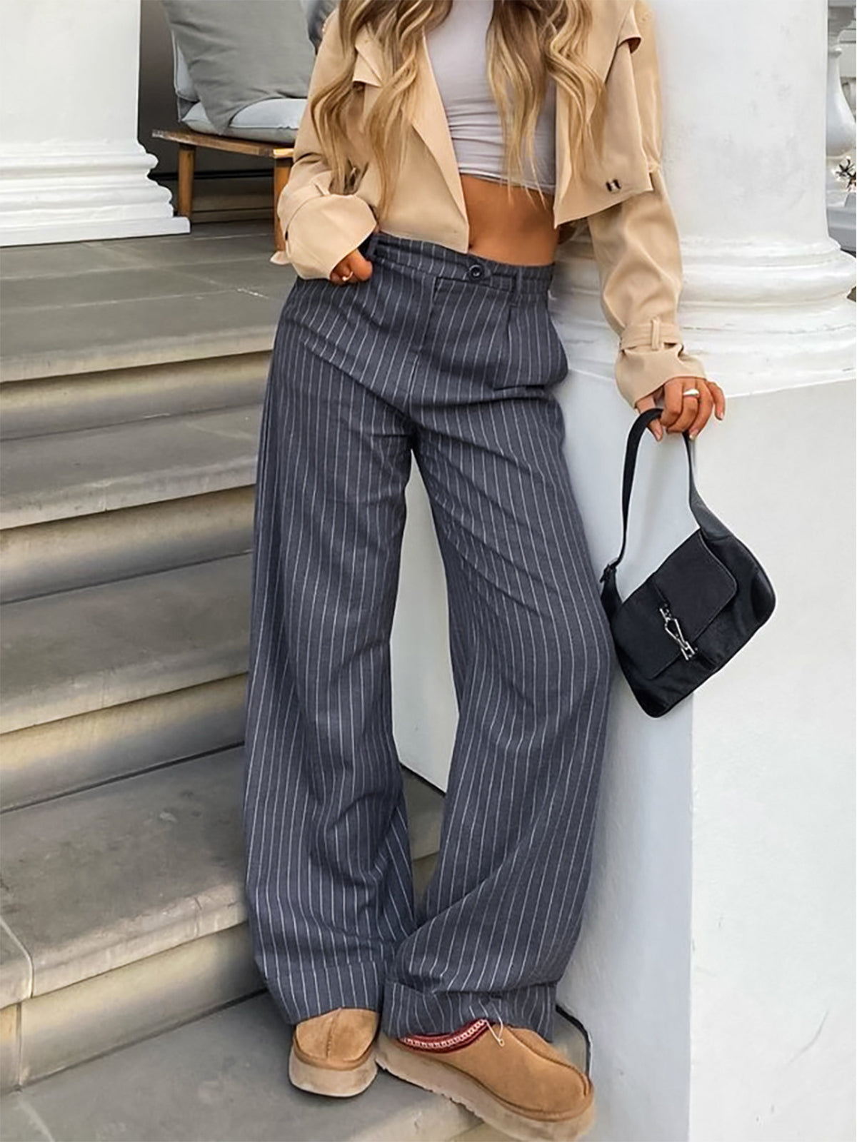 Casual Pinstripe Wide Leg Pants