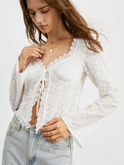 Eyelet Lace Trim Long Sleeve Tied Blouse