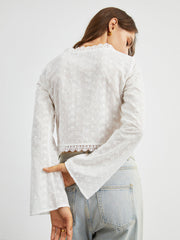 Eyelet Lace Trim Long Sleeve Tied Blouse