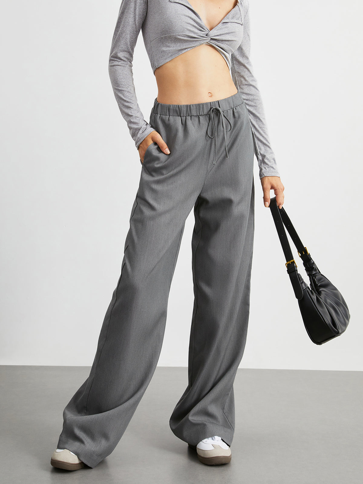 Elastic Waistband Pockets Drawstring Wide Leg Pants