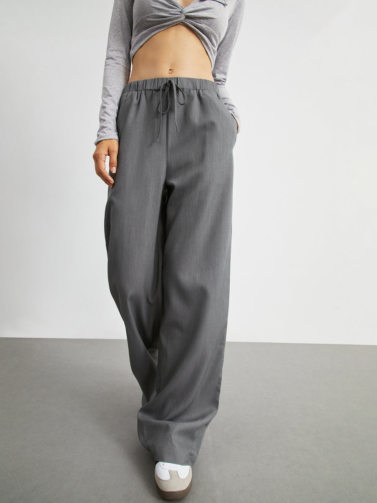 Elastic Waistband Pockets Drawstring Wide Leg Pants