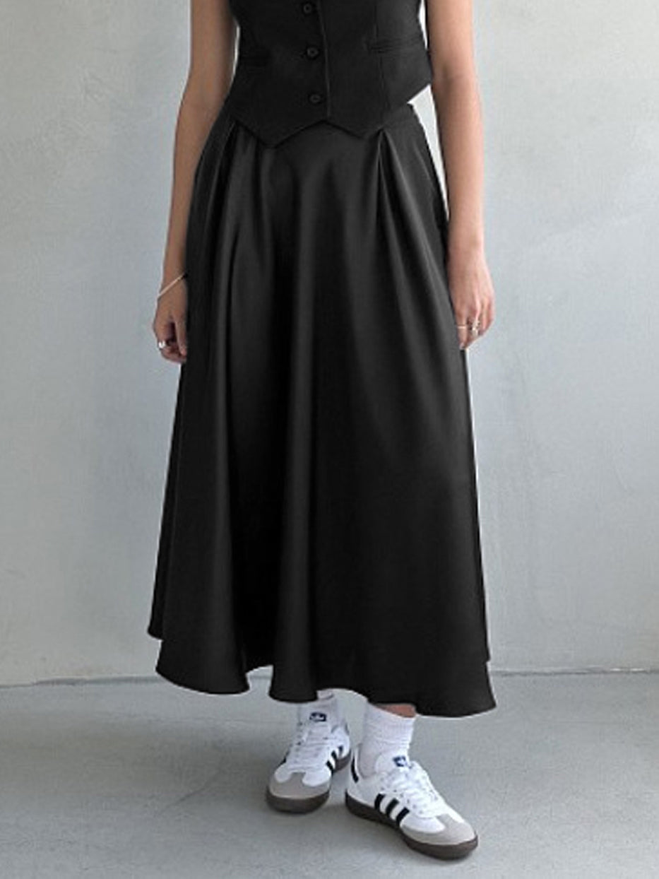 Satin Elastic Waistband Zippered Flowy Maxi Skirt