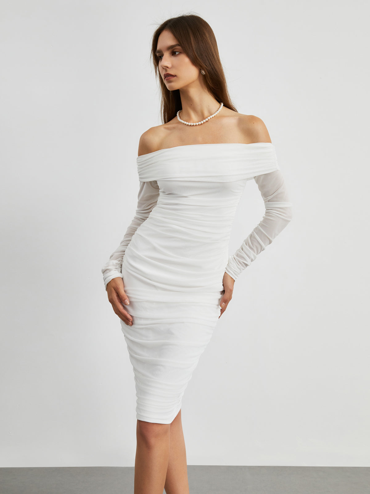 Overfold Off-Shoulder Mesh Zippered Midi Dress