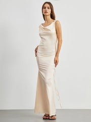 Cowl Neck Open Back Satin Long Dress