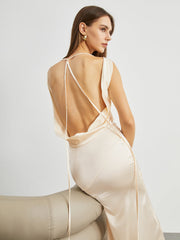 Cowl Neck Open Back Satin Long Dress