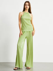 Plisse Halter Lettuce Hem Two Piece Pants Set