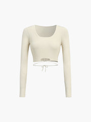 Tie Waist Rib Knit Long Sleeve Top