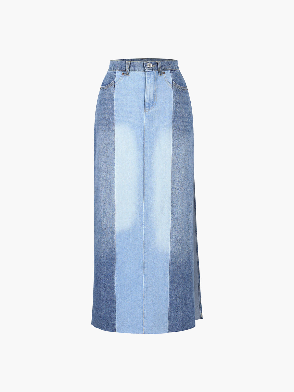 Patchwork Faded Denim Maxi Skirt