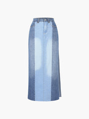 Patchwork Faded Denim Maxi Skirt