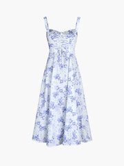 Cottagecore Floral Bustier Tie Back Midi Dress