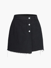 Asymmetric Buttoned Raw Hem Black Denim Shorts