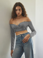 Off Shoulder Stripe Long Sleeve Wrap Crop Shirt