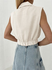 Collared Buttoned Warp Crop Top