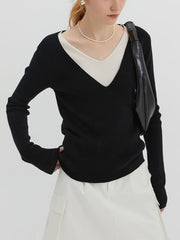 Two Tone V-Neck Long Sleeve Knit Top