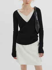 Two Tone V-Neck Long Sleeve Knit Top