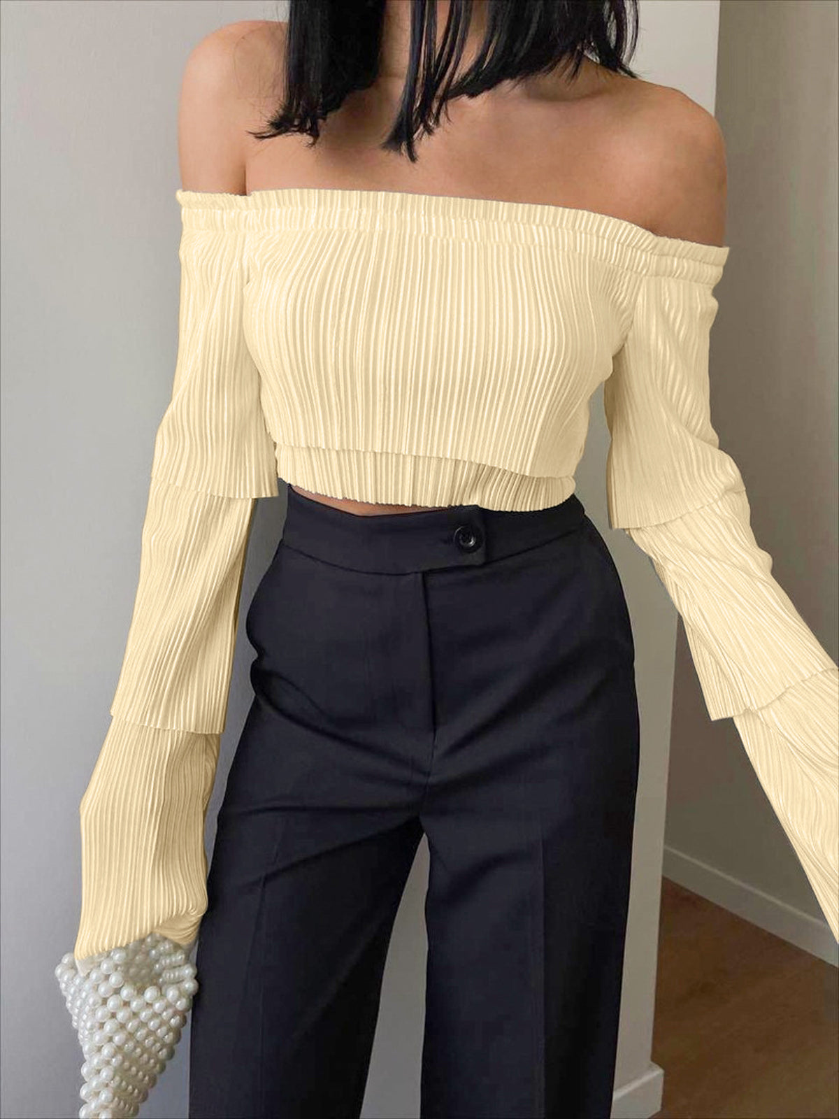 Pleat Off Shoulder Layered Long Sleeve Crop Top