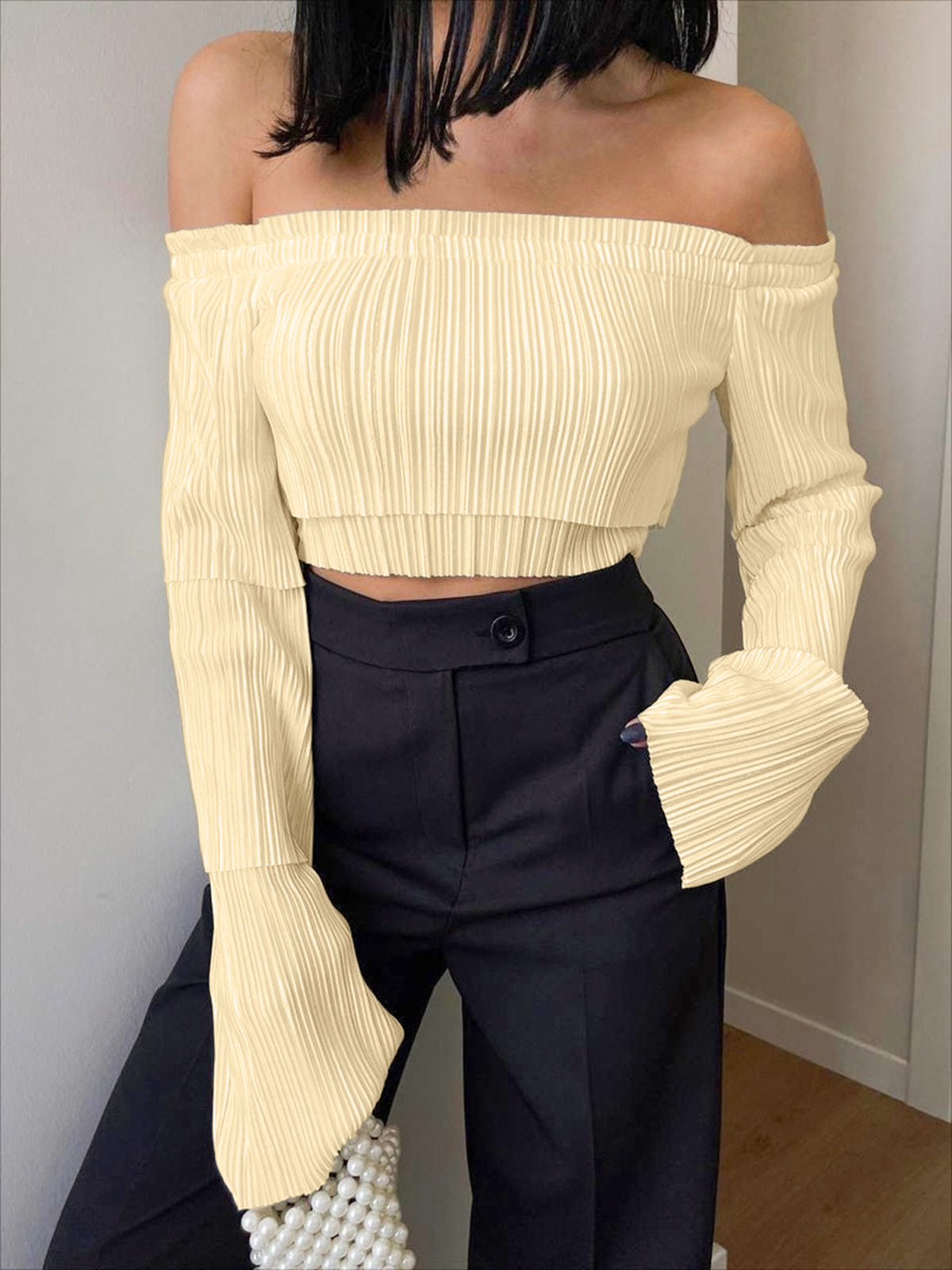 Pleat Off Shoulder Layered Long Sleeve Crop Top