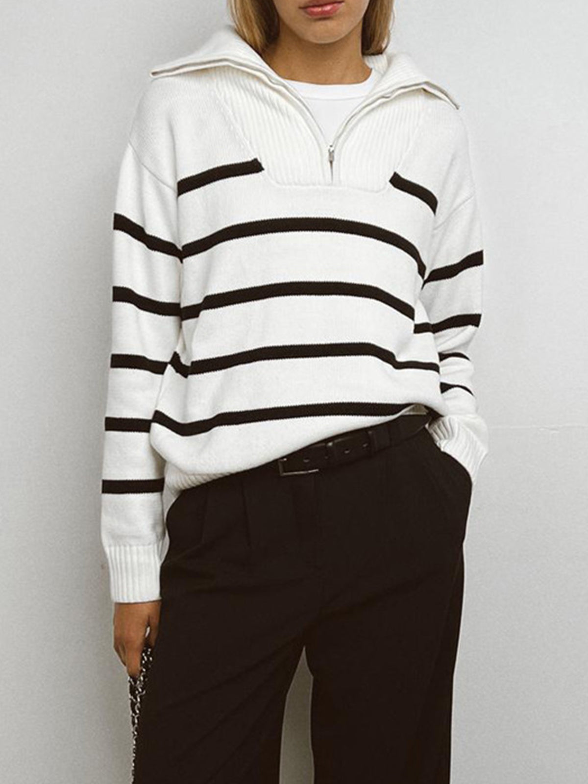 Stripe Collared Zippered Pullover Sweater