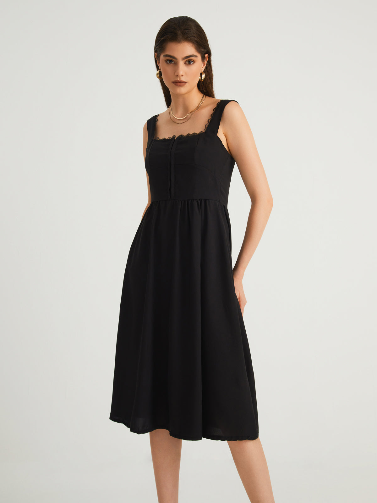 Lace Trim Smocked Zippered Midi Dress