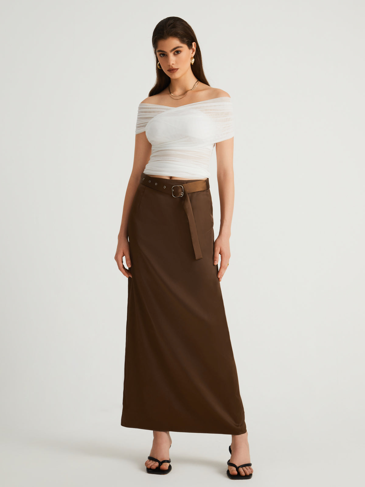 Satin Belted Maxi Skirt