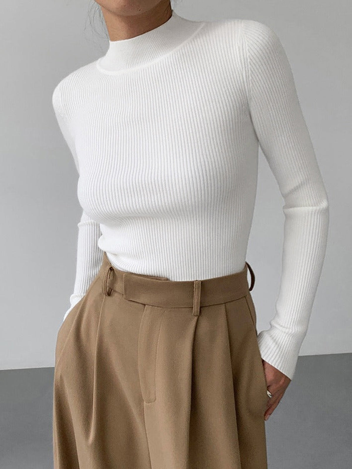 Mock Neck Rib Long Sleeve Knit Top