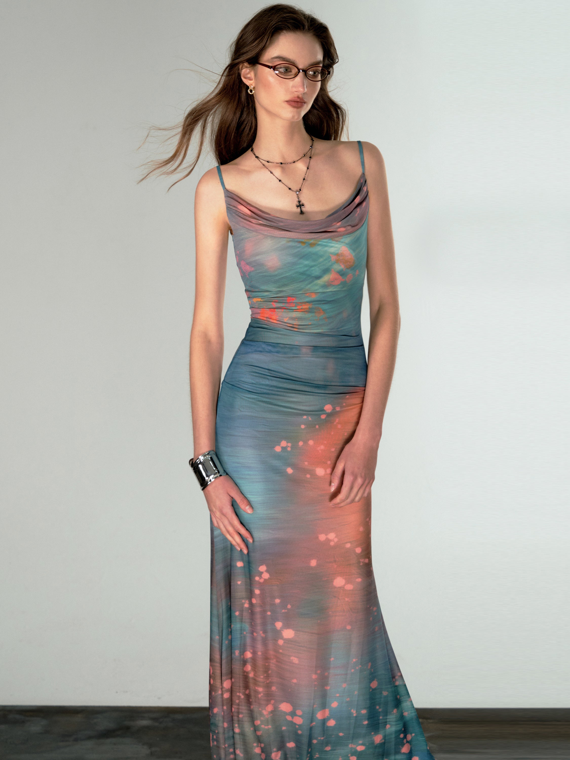 Blazing Nights Cowl Neck Mesh Long Dress