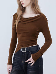 Asymmetric Neckline Ruched Long Sleeve Shirt