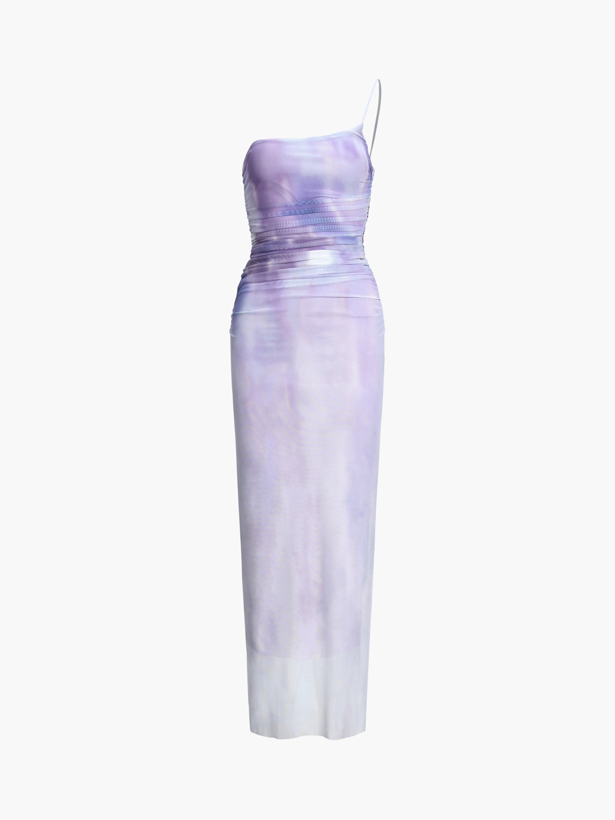 Lilac Tie Dye Ombre Mesh Ruched Midi Dress