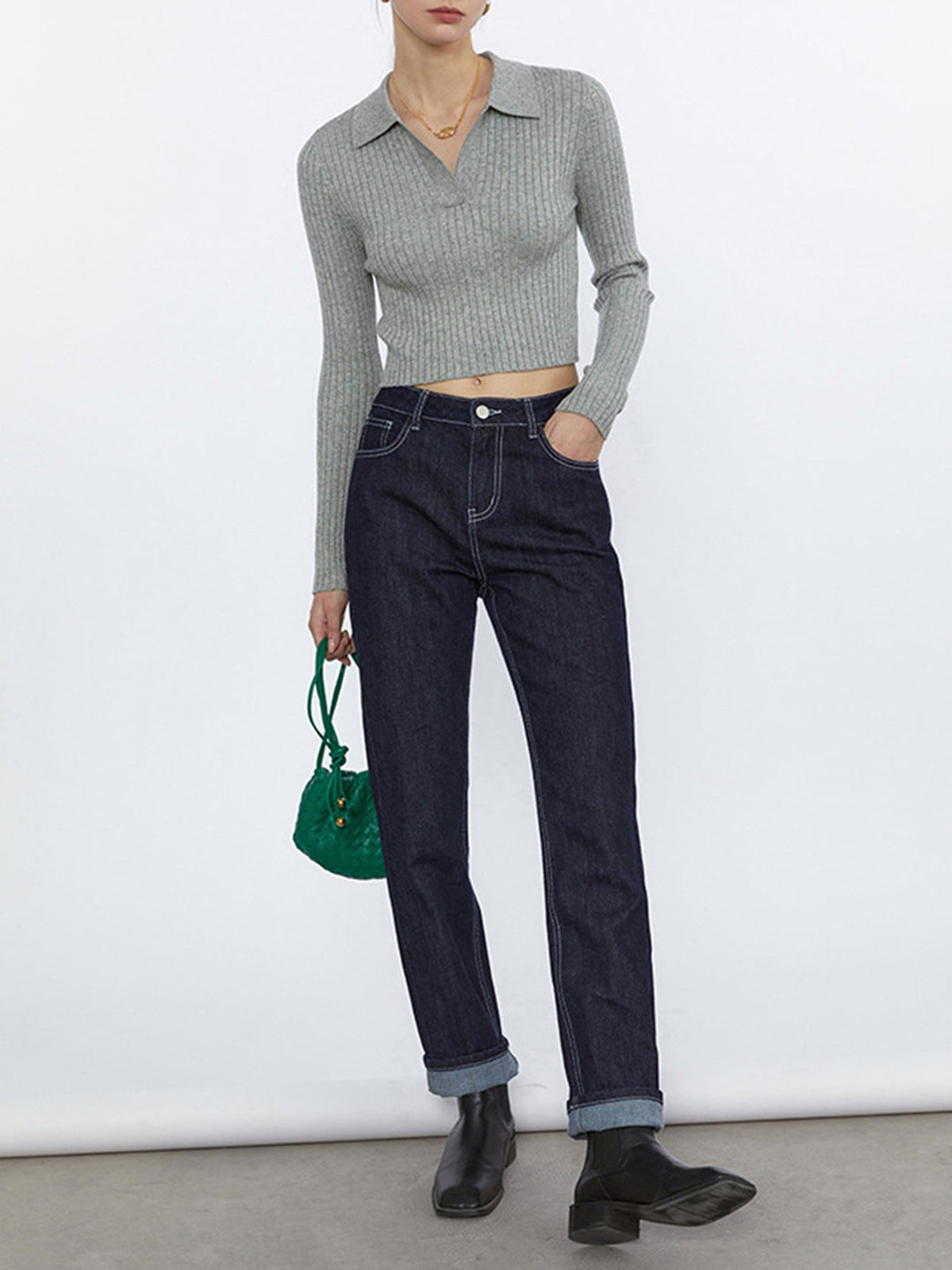 Cropped Knit Polo Shirt