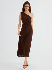 Cocoa Beans Open Back One Shoulder Midi Dress