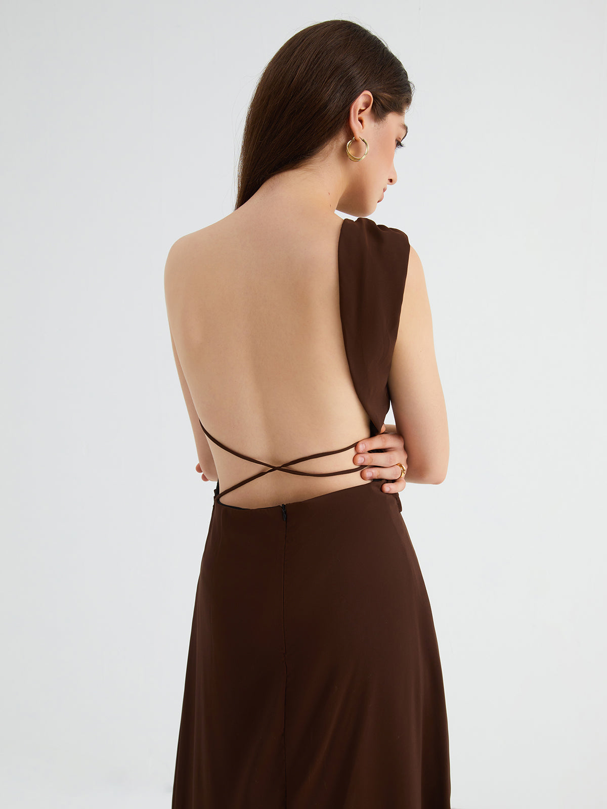 Cocoa Beans Open Back One Shoulder Midi Dress