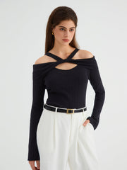 Knotted Cutout Off Shoulder Knit Top