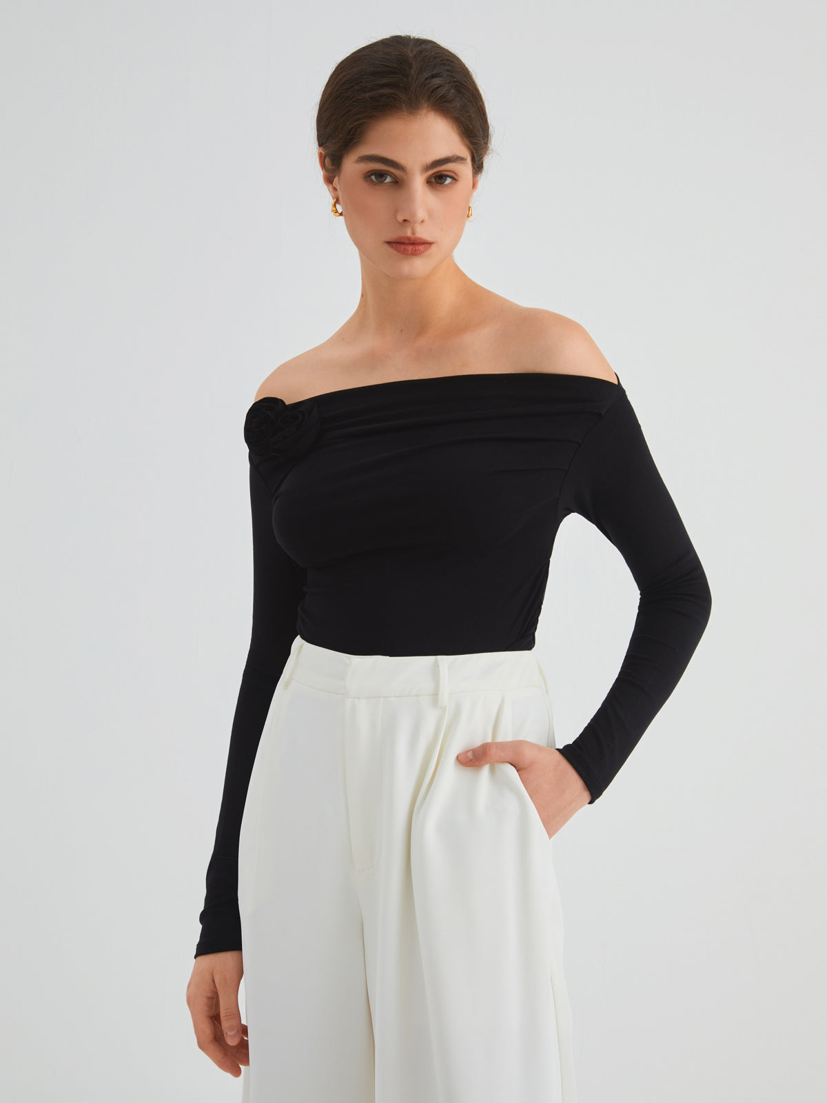 Off Shoulder Rosette Long Sleeve Top