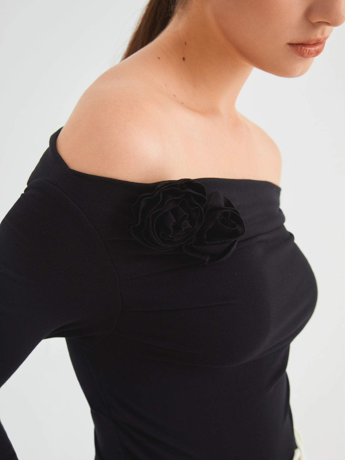 Off Shoulder Rosette Long Sleeve Top