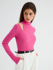 Barbiecore Cutout Mock Neck Long Sleeve Top