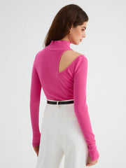 Barbiecore Cutout Mock Neck Long Sleeve Top