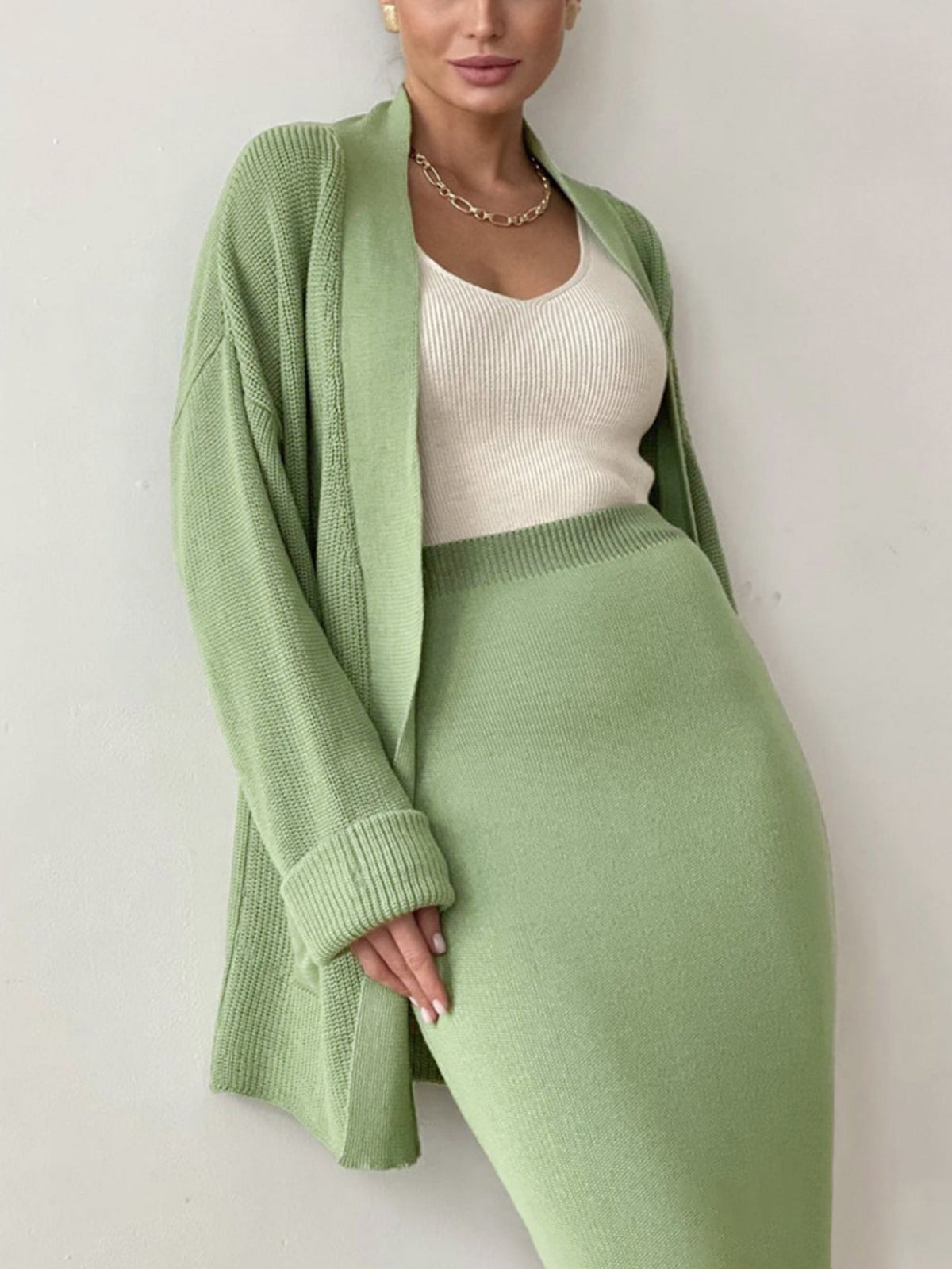 Greeness Tied Cardigan Two Piece Skirt Set