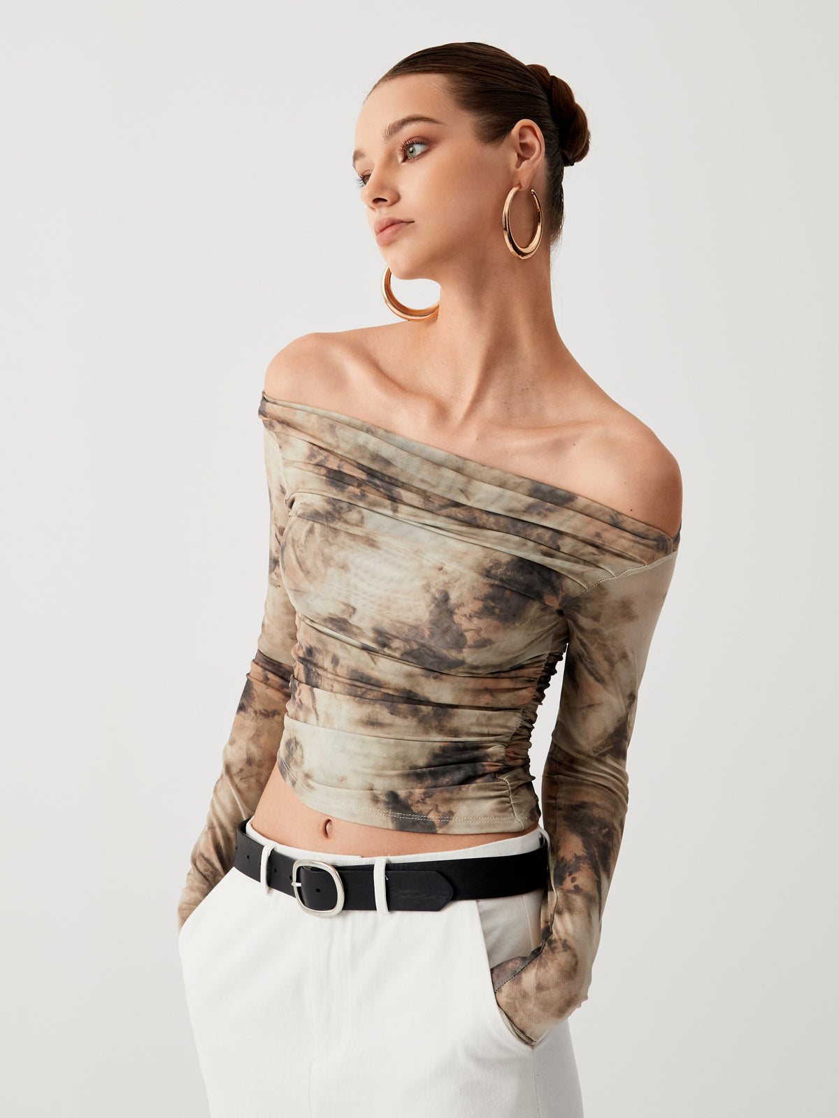 Terracotta Tulle Mesh Off Shoulder Long Sleeve Crop Top