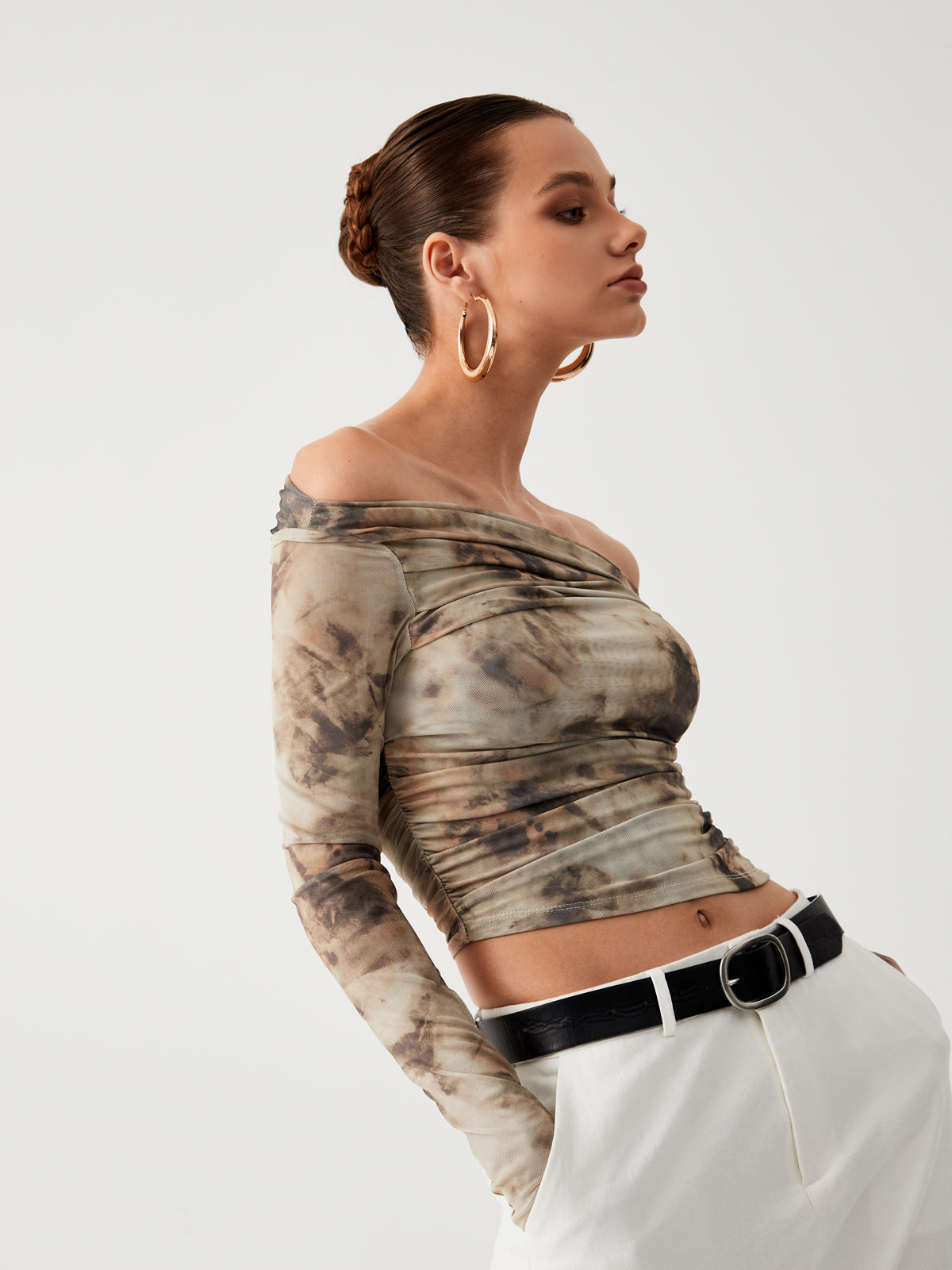 Terracotta Tulle Mesh Off Shoulder Long Sleeve Crop Top