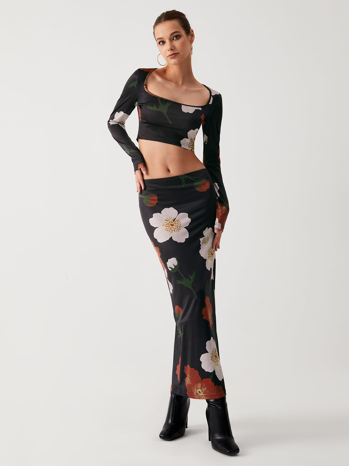 Plum Blossom Long Sleeve Two Piece Skirt Set