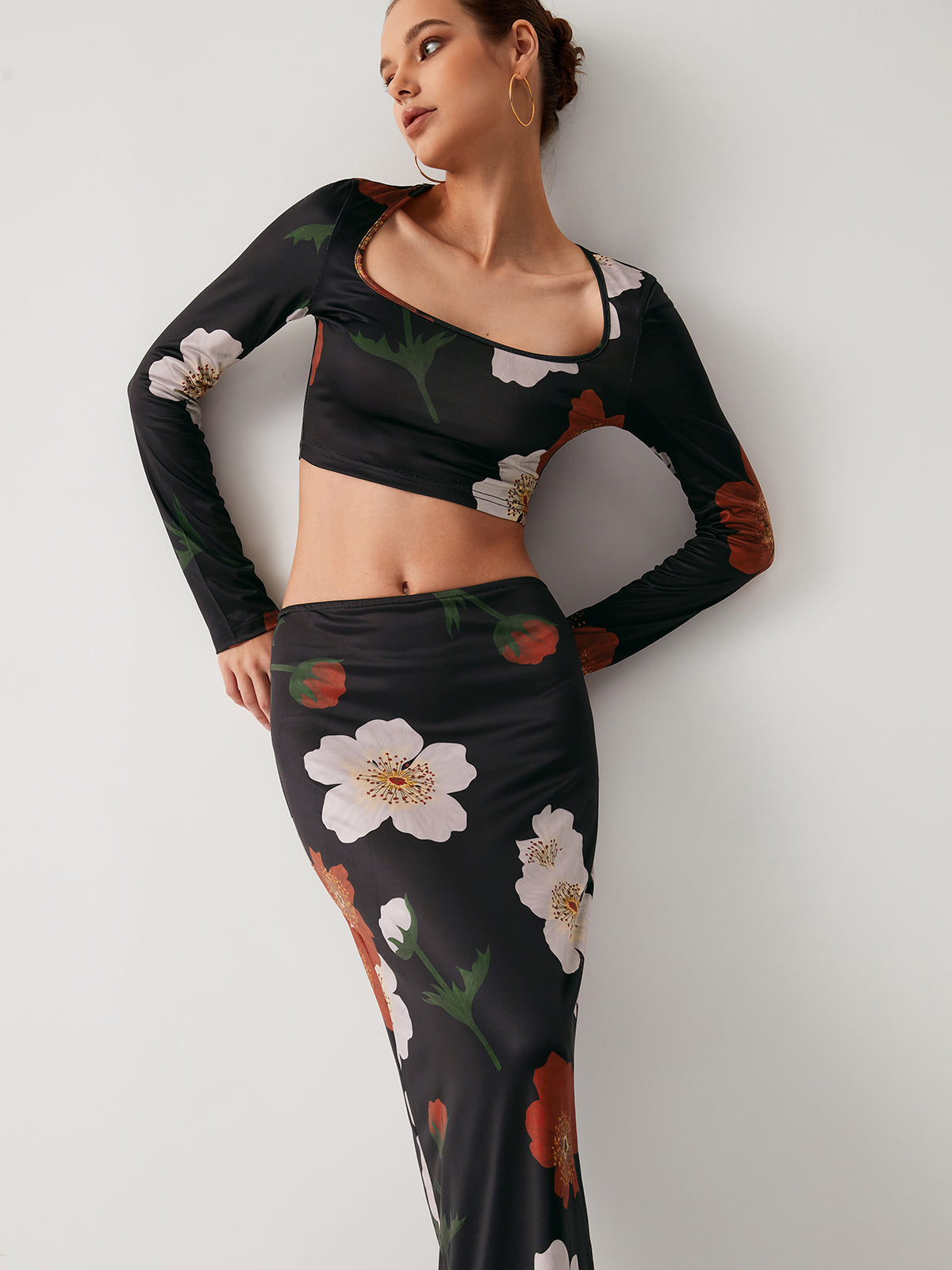 Plum Blossom Long Sleeve Two Piece Skirt Set