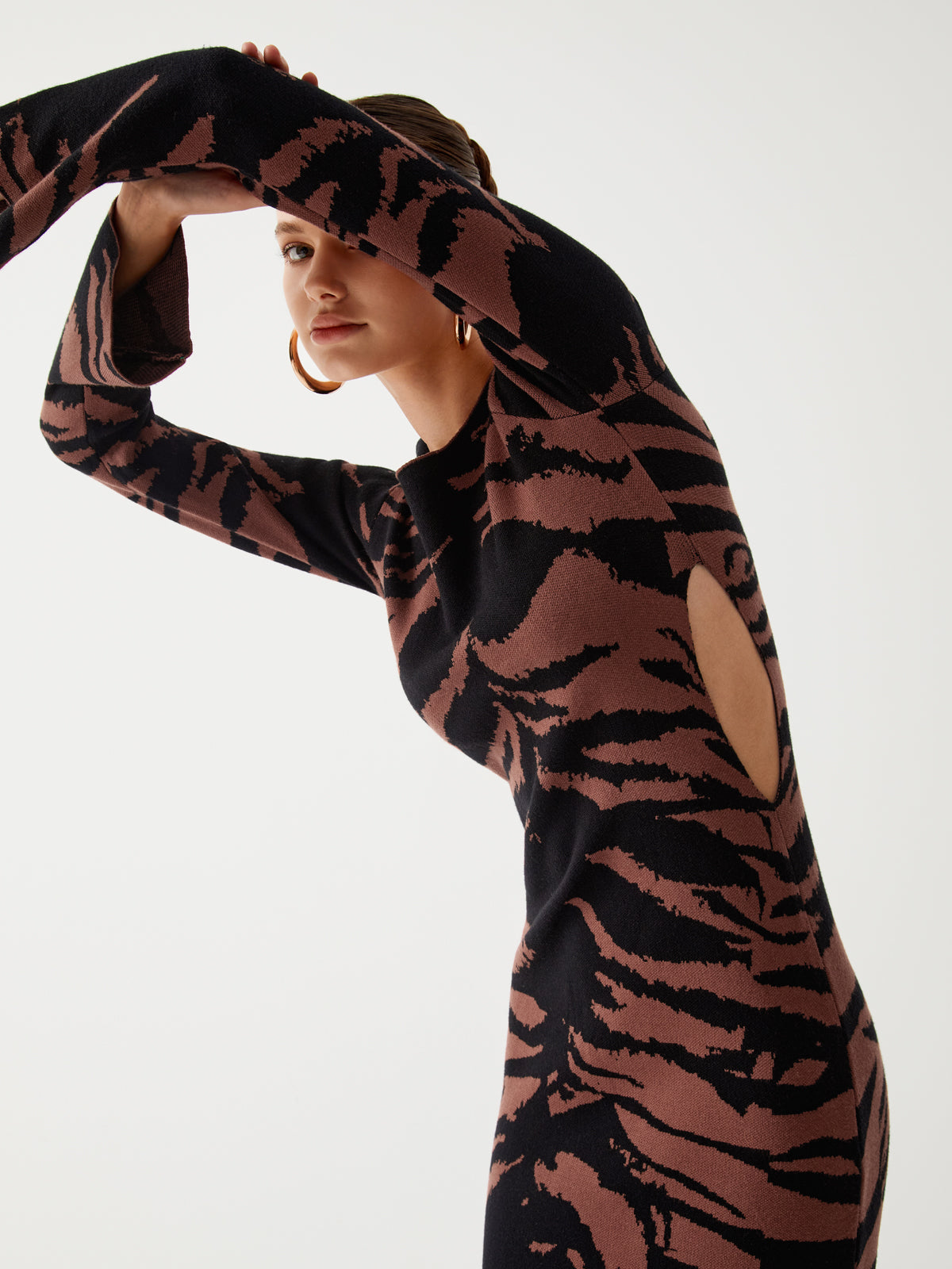 Tiger Print Cutout Long Sleeve Midi Sweater Dress