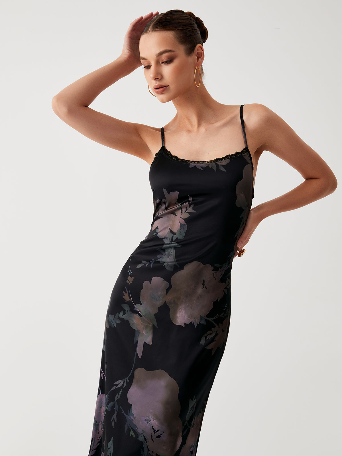 Floral Satin Open Back Midi Dress