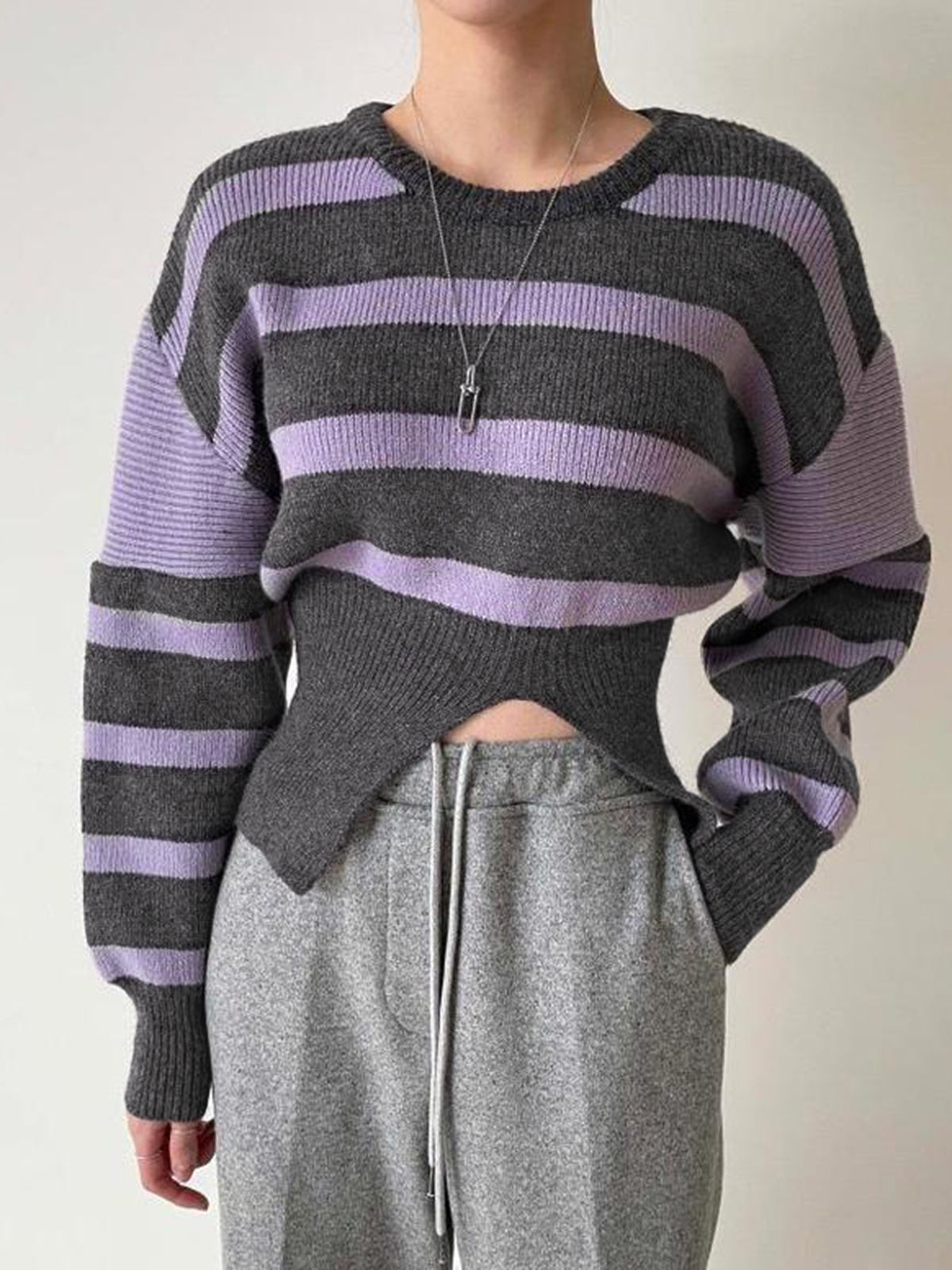 Stripe Asymmetric Notched Crop Sweater