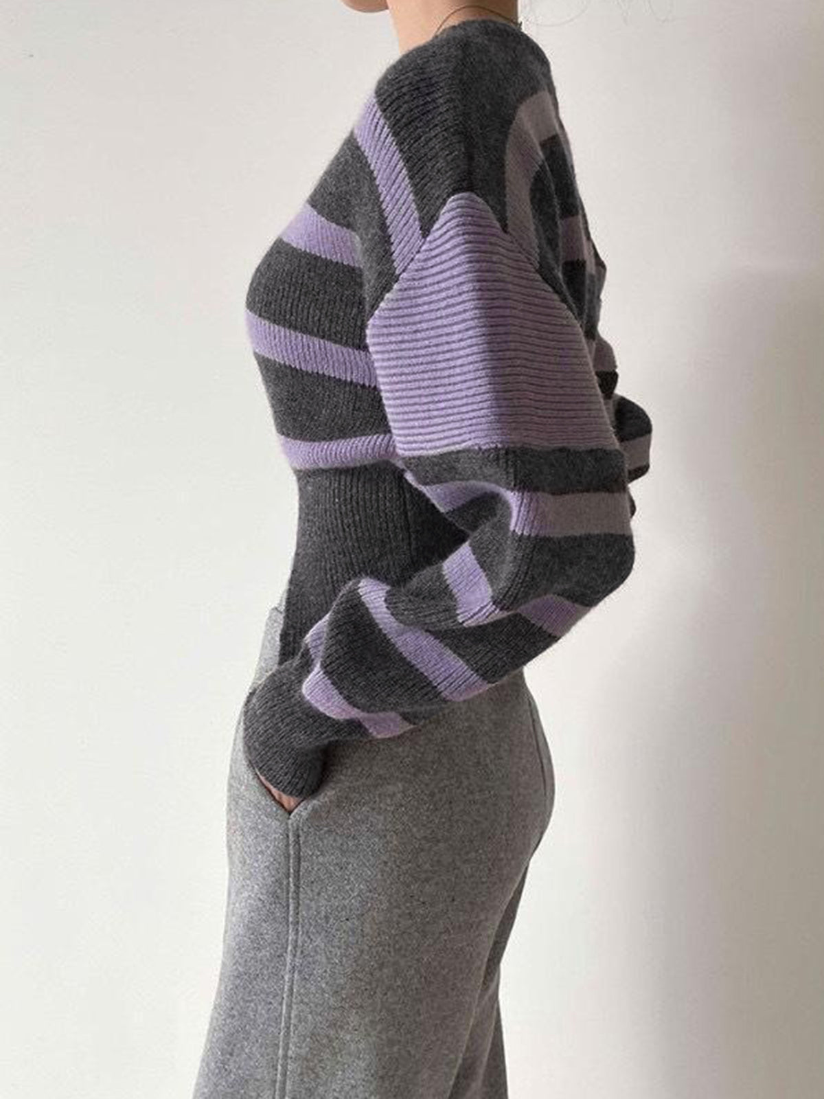 Stripe Asymmetric Notched Crop Sweater